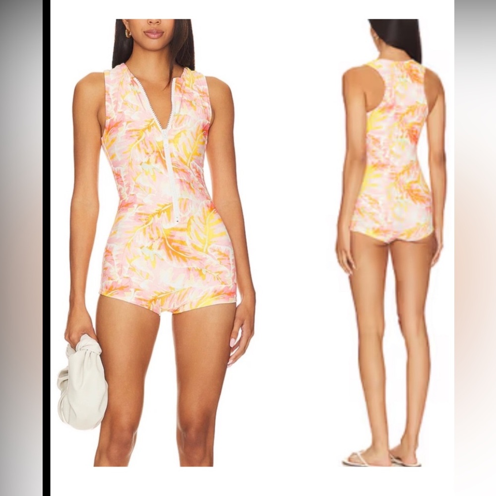 Stone Fox Swim Pink and Yellow Tropical Zip-Front One-Piece